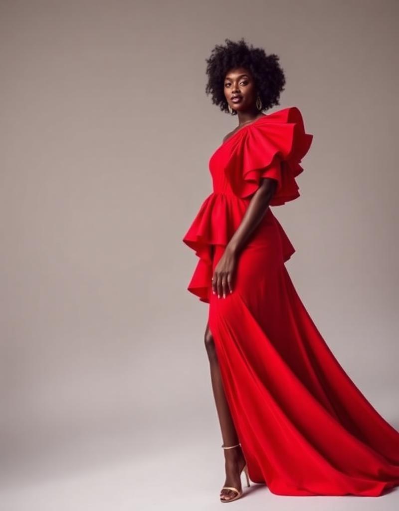 Nia Scarlet Ruffle One-Shoulder Maxi